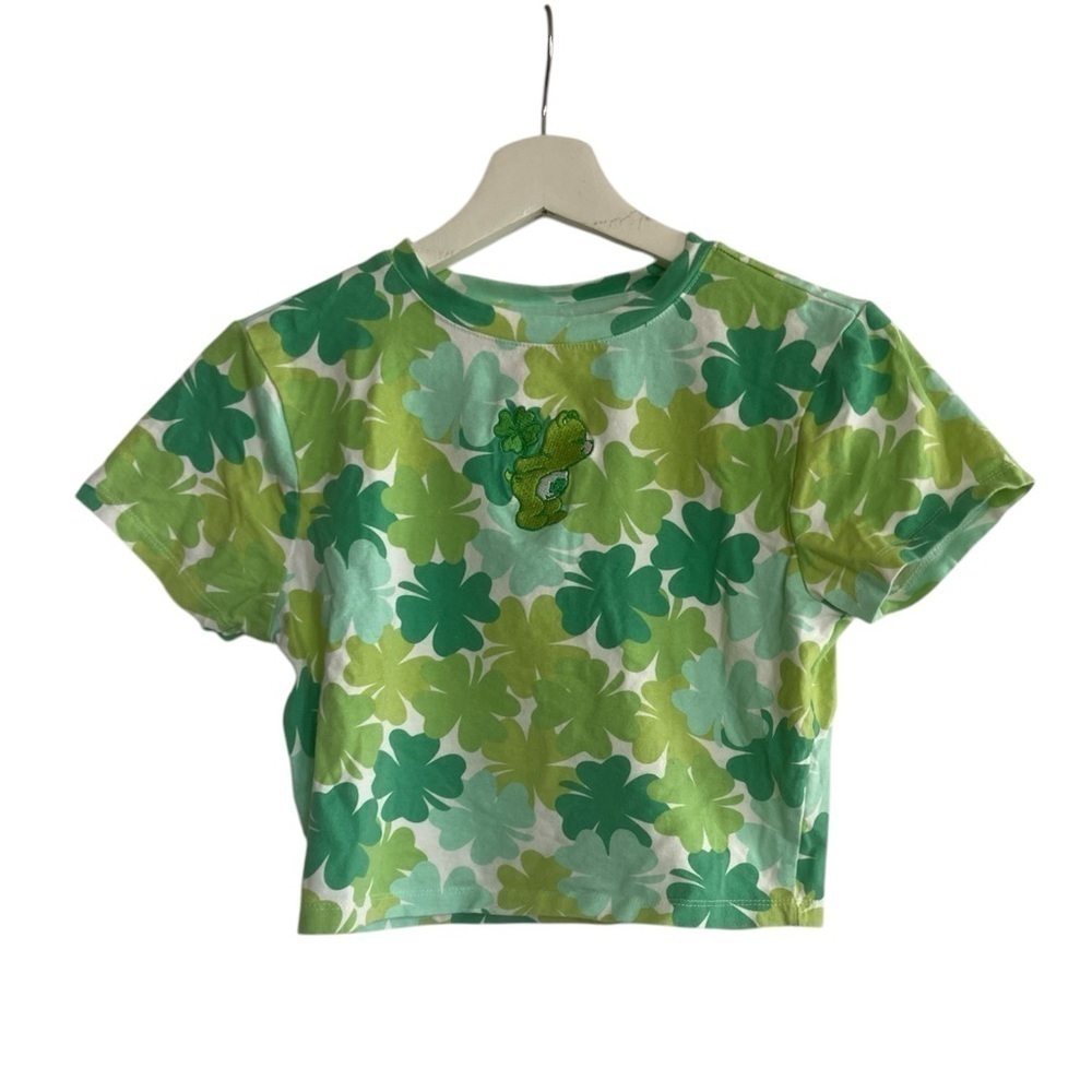 Care Bears Good Luck Bear Tshirt Crop Top Shamrock Pattern Green Size Small